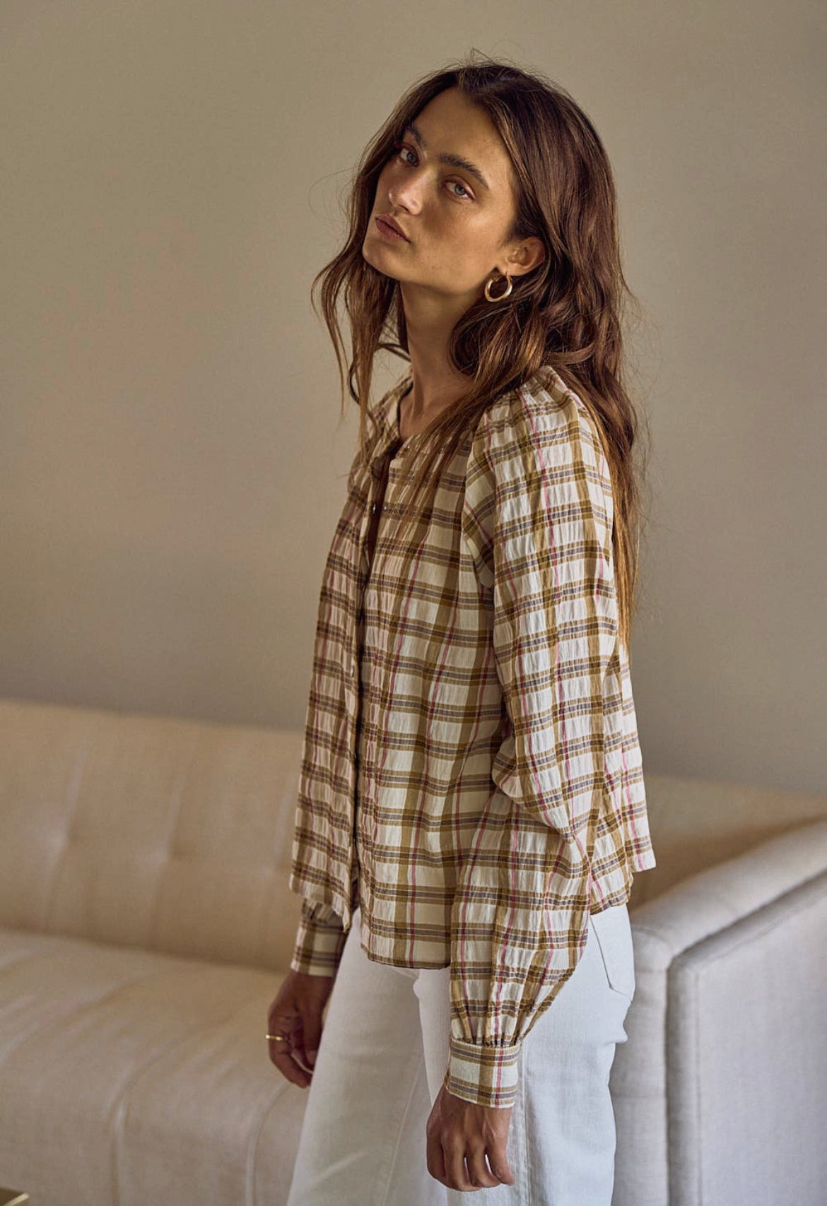 Pearl-Snap Plaid Blouse