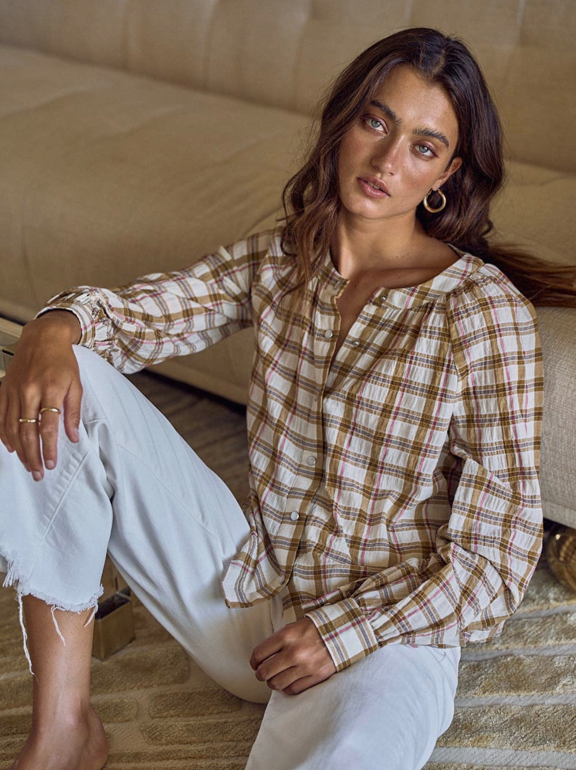Pearl-Snap Plaid Blouse