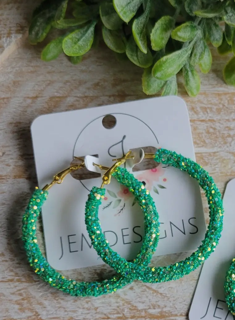 Green Glitter Hoop Earrings, Large & Small