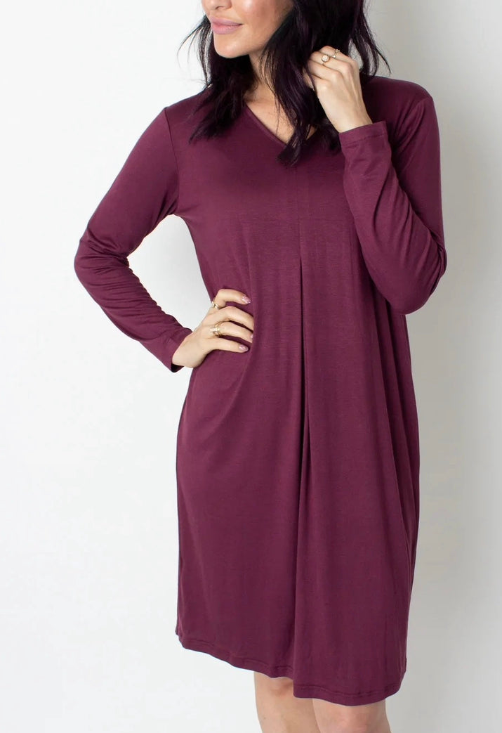 Soft Pleated Dress, Maroon & Oatmeal