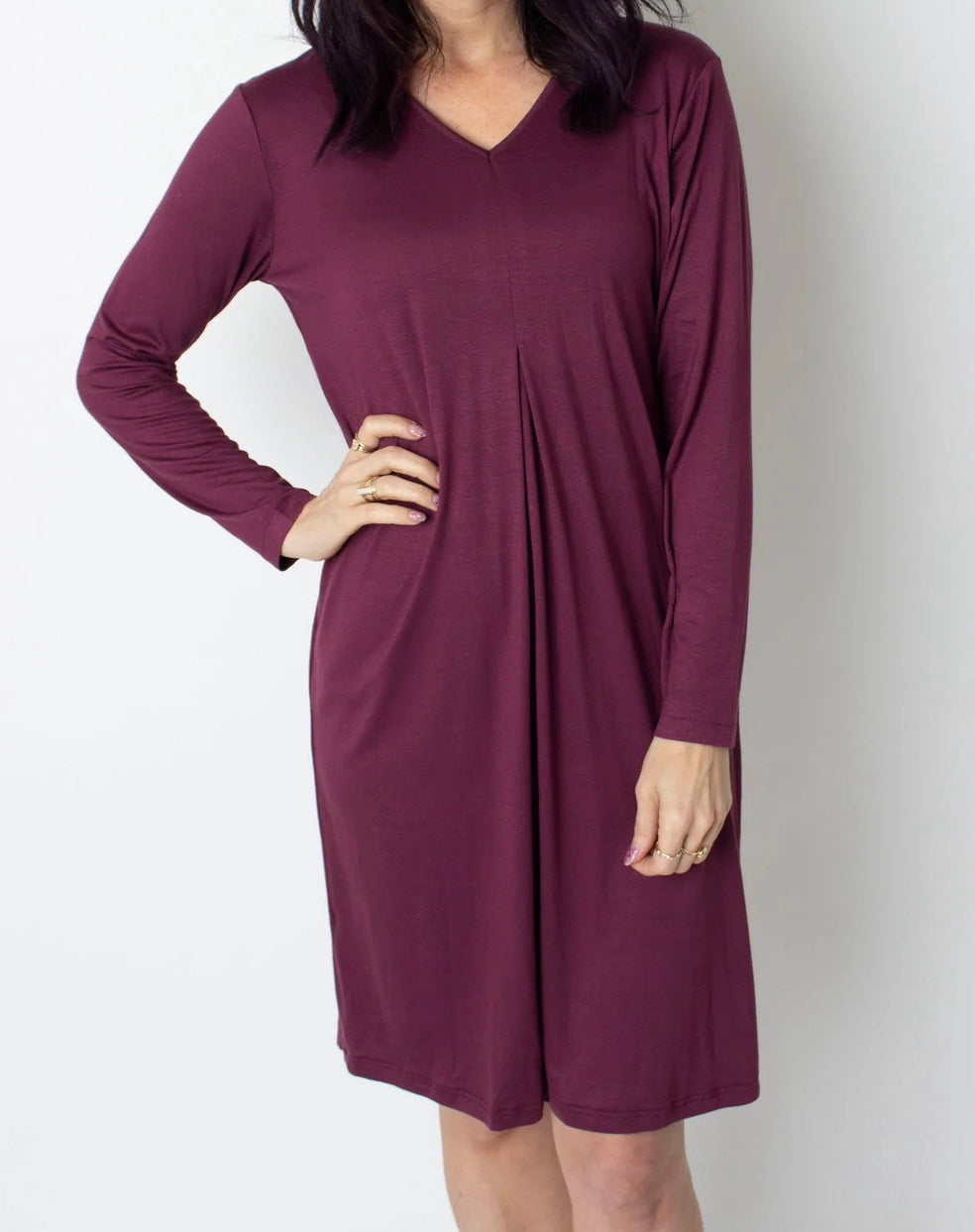 Soft Pleated Dress, Maroon & Oatmeal