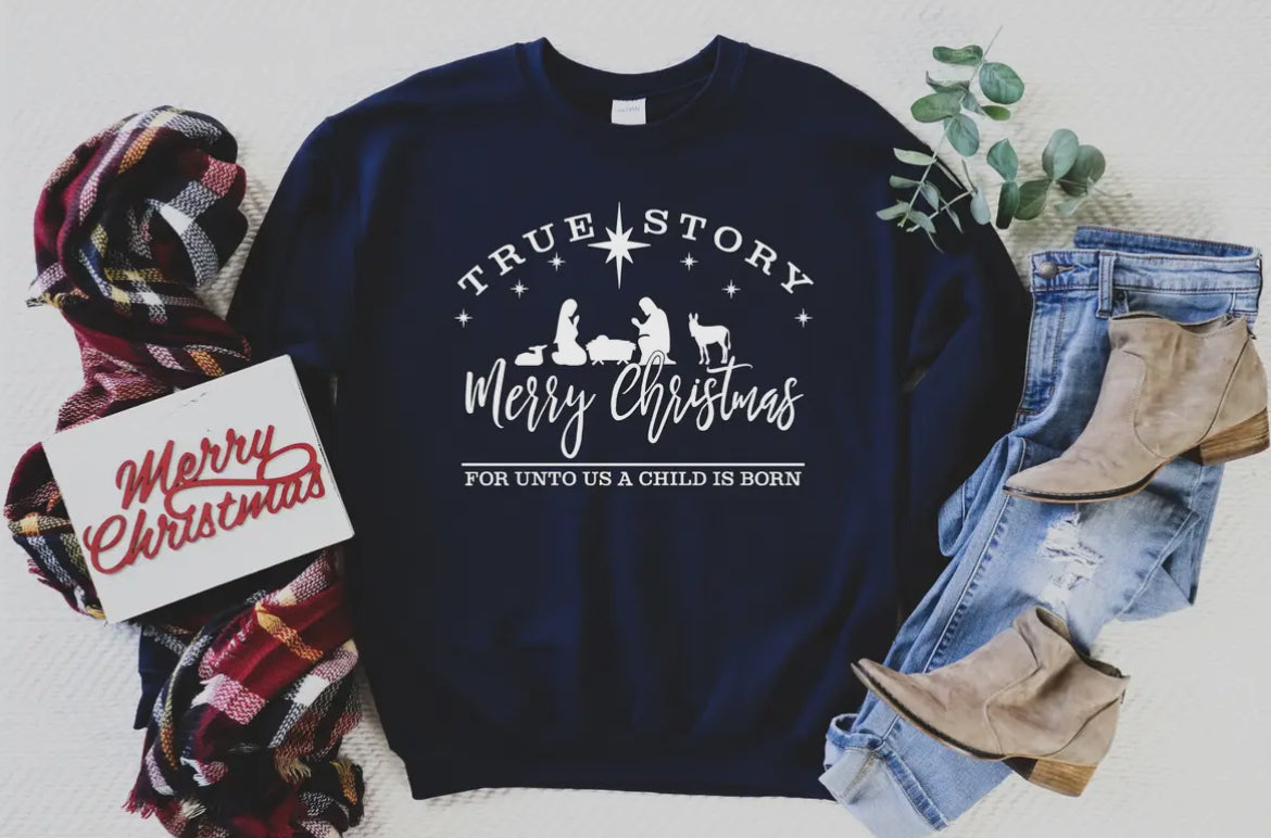 Navy “True Story” Christmas Sweatshirt (L)