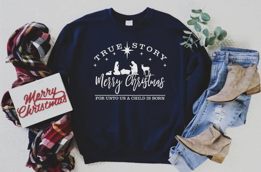 Sweet ChariTEE Navy Nativity “True Story” Sweatshirt