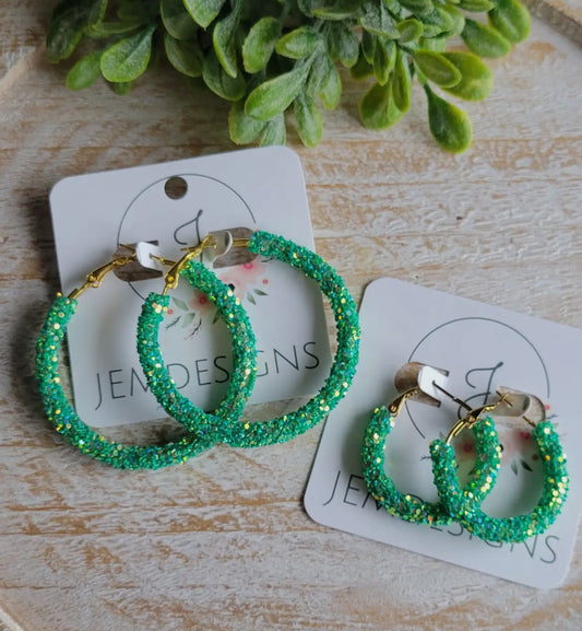 Green Glitter Hoop Earrings, Large & Small