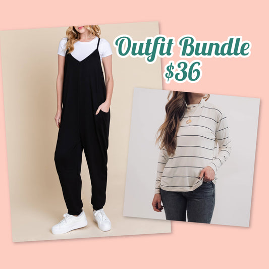 Outfit Bundle (L & XL) Black Romper & Striped Turtleneck