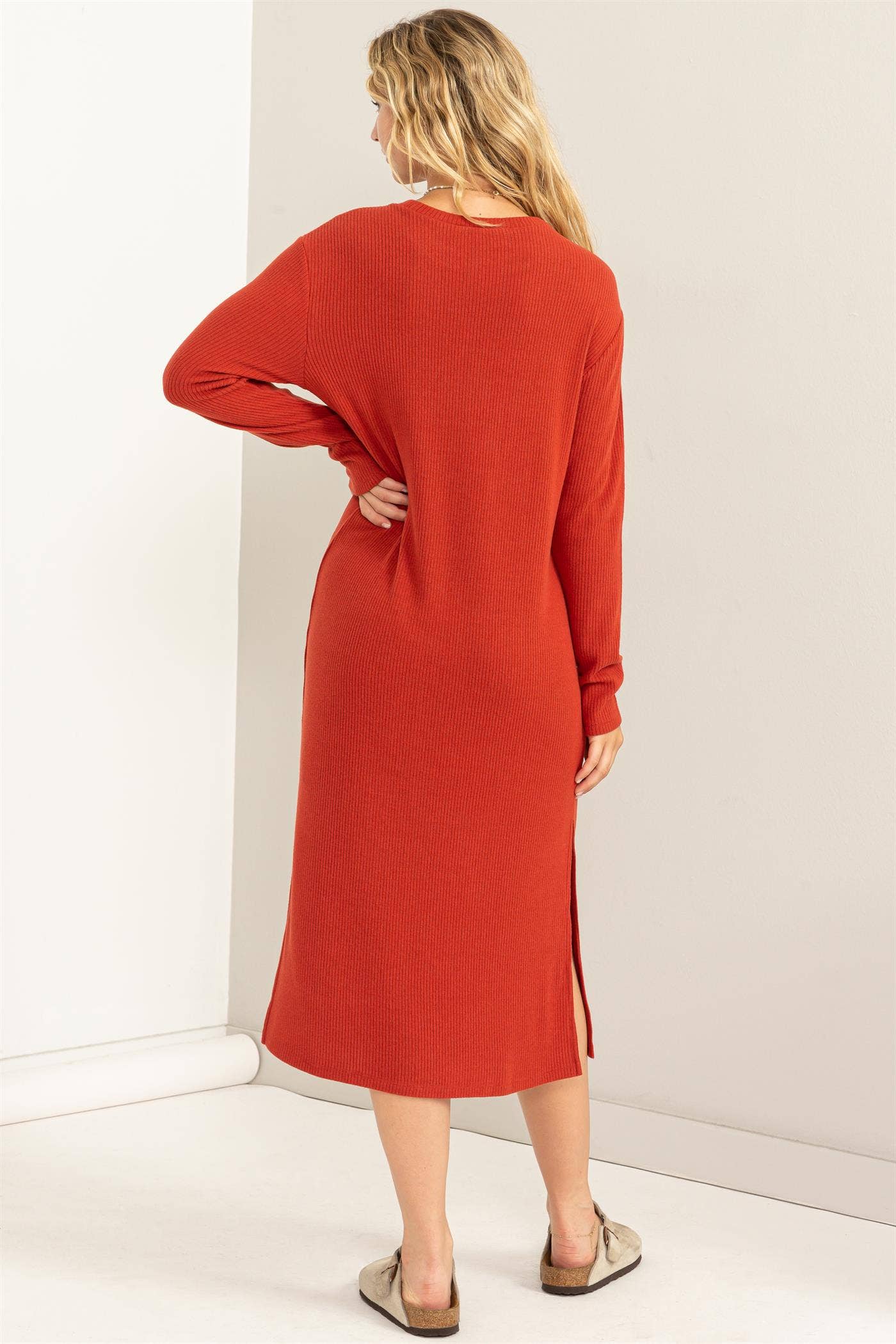 Brick Red Ribbed Knit Dress
