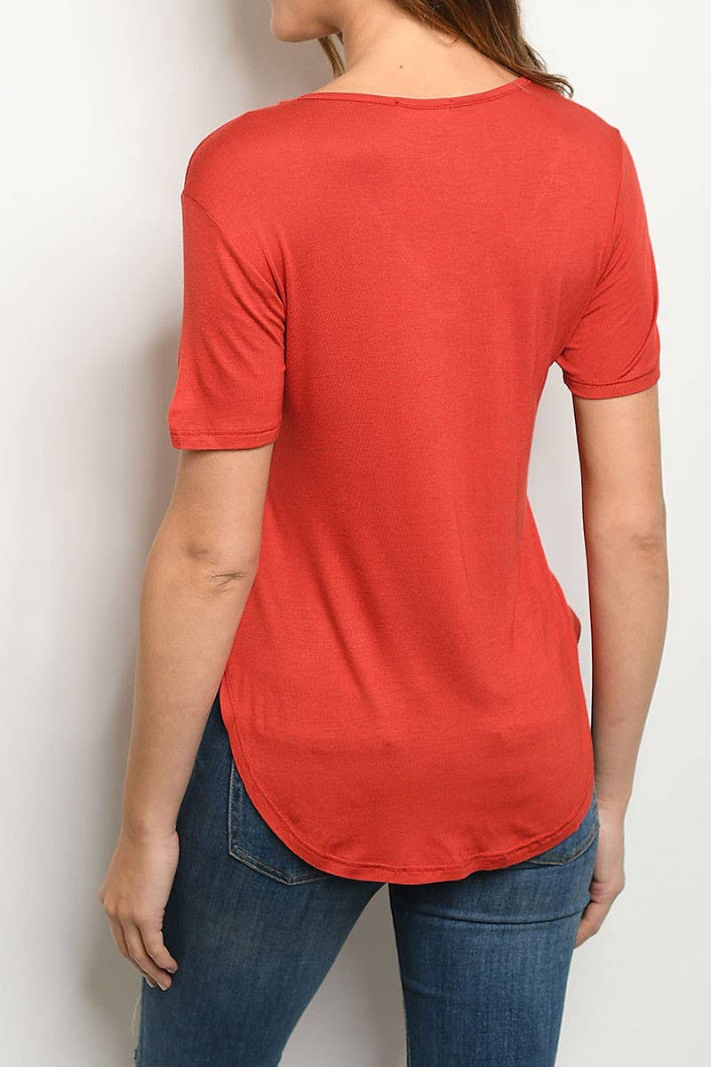 V-Neck Round Hem T-Shirt, Poppy Red