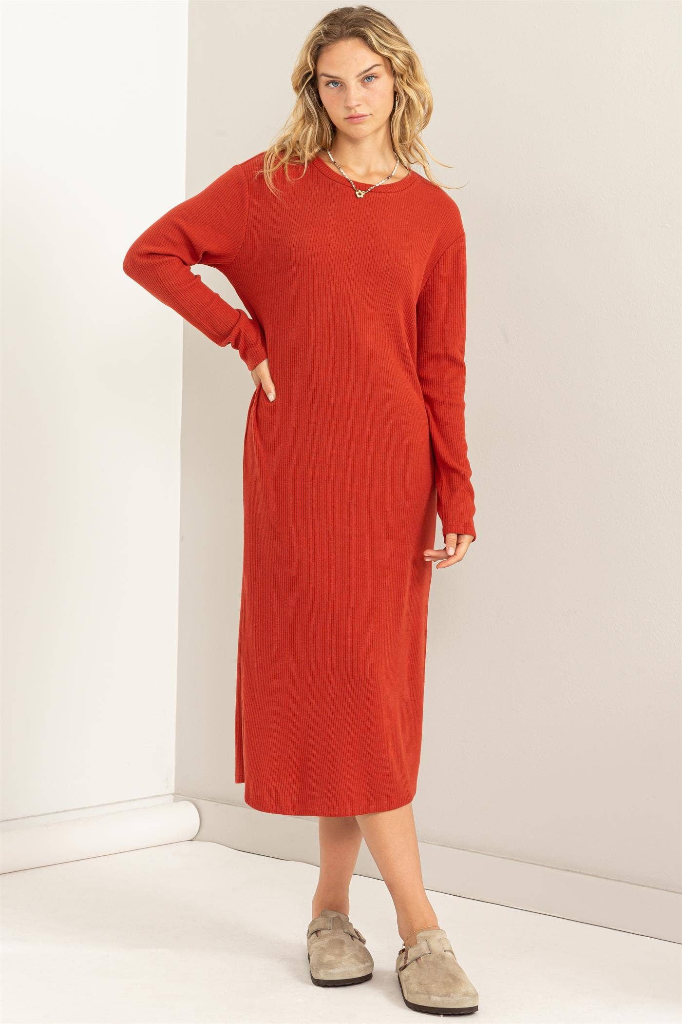 Brick Red Ribbed Knit Dress